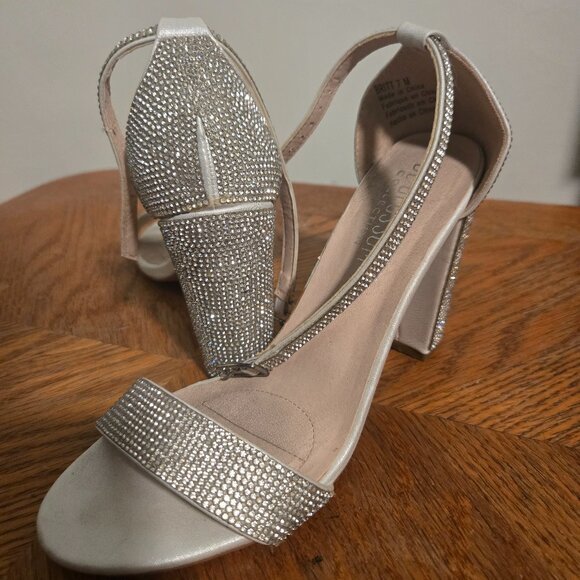 Sparkly Minimalist Ankle Strap Block Heel Sandals from David Bridal - Picture 1 of 9